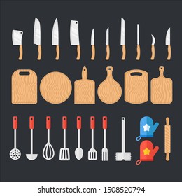 Kitchen utensils vector illustration set. Cutlery objects for kitchen collection. Cutting boards, knifes, forks and spoons.