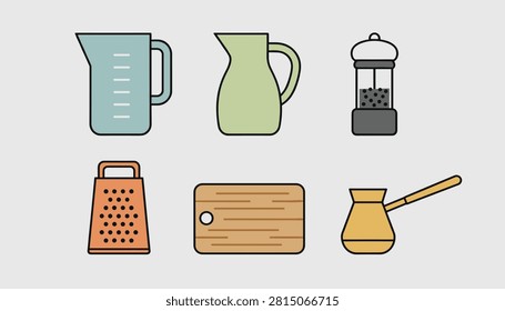 Kitchen utensils vector illustration set featuring measuring cup, grater, wooden cutting board, and coffee pot.