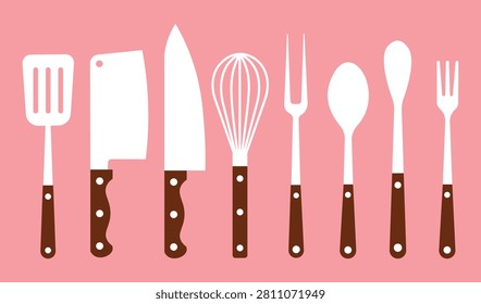 Kitchen utensils vector set featuring cooking tools, knives, whisk, spoon, and fork.