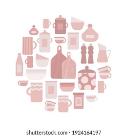 Kitchen utensils vector set. Flat style kitchen dishes set. Jar for but products, bottle, wooden cutting board, bowl, plate, dish, cup, sugar basin, salt cellar, pepper pot.