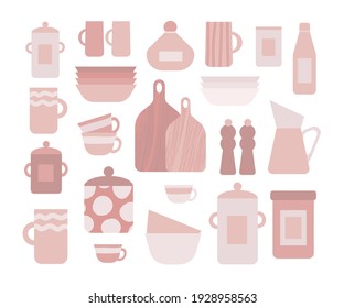 Kitchen utensils vector set. Flat style kitchen dishes set. Jar for but products, bottle, wooden cutting board, bowl, plate, dish, cup, sugar basin, salt cellar, pepper pot.