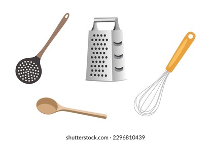 Kitchen utensils vector set in flat style illustration. Kitchen tools for convenient and proper cooking, Skimmer spoon, Hand grater, Whisk or beater, Wooden spoon on white background