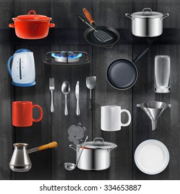 Kitchen utensils, vector set on black wooden background