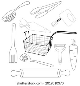 Küchenutensilien, Vektorgrafik. Ein Set im Doodle-Stil. Tiefkühler, Gemüseschneider, Backärmel, Bratspatel, Karotten, Mixer, Kolander. Einzeln auf weißem Hintergrund.