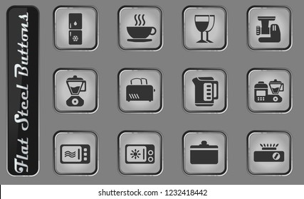 Kitchen Utensils vector web icons on the flat steel buttons