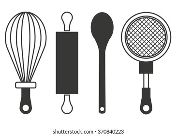 kitchen utensils, whisk, spoon, rolling pin