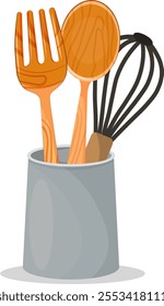 Kitchen utensils wooden spoon and fork in a glass vector