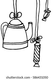 kitchen utensils,Cup and saucer, coffeepot, Doodle vector illustration