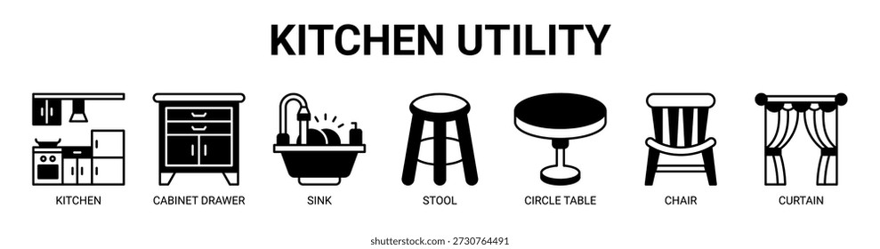 Kitchen Utility web banner icon vector illustration concept with icon of kitchen, cabinet drawer, sink, stool, circle table, chair, and curtain.