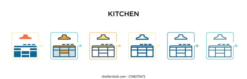 Kitchen vector icon in 6 different modern styles. Black, two colored kitchen icons designed in filled, outline, line and stroke style. Vector illustration can be used for web, mobile, ui