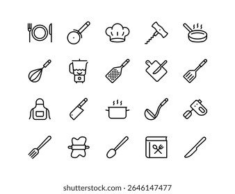 Conjunto de ícones do vetor de cozinha | Espessura ajustável da linha | Panela, batedor, espátula, panela, panela, ralador, liquidificador, cutelo, saca-rolhas, rolo, receita, utensílios