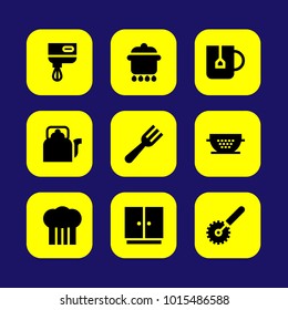 Kitchen vector icon set. chef, pizza cutter, pot and mixer