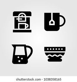Kitchen vector icon set. coffee maker, jar, bowl and tea cup