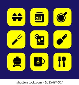 Kitchen vector icon set. eggs, cutlery, tea cup and pan