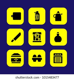 Kitchen vector icon set. extractor hood, coffee maker, olive oil and knife