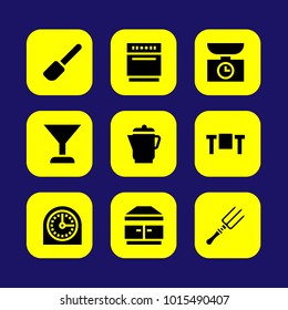 Kitchen vector icon set. extractor hood, cocktail, fork and table
