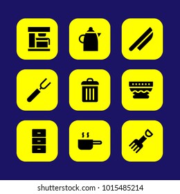 Kitchen vector icon set. fork, kettle, trash and bowl