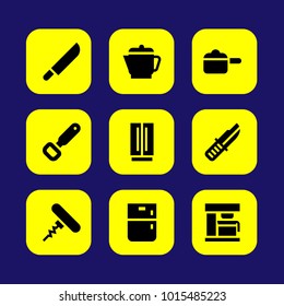 Kitchen vector icon set. fridge, coffee maker, knife and bottle opener