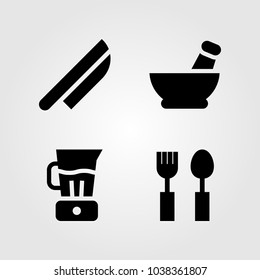 Kitchen vector icon set. knife, mortar, mixer and cutlery