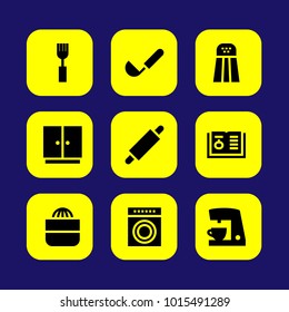 Kitchen vector icon set. recipe, salt shaker, washing machine and rolling pin