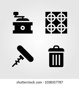 Kitchen vector icon set. stove, corkscrew, coffee grinder and trash