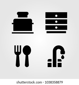 Kitchen vector icon set. toster, cabinet, tap and cutlery