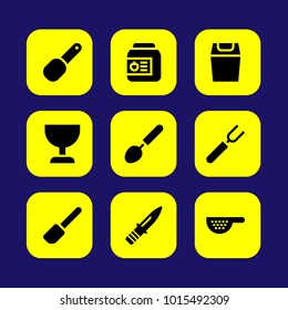 Kitchen vector icon set. trash, scoop, knife and strainer
