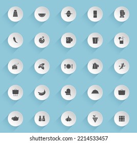 kitchen vector icons on round puffy paper circles with transparent shadows on blue background. kitchen stock vector icons for web, mobile and user interface design