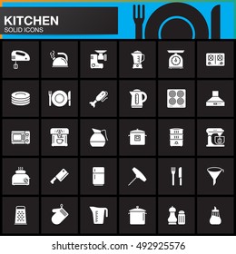 Kitchen vector icons set, modern solid symbol collection, pictogram pack isolated on black, logo illustration