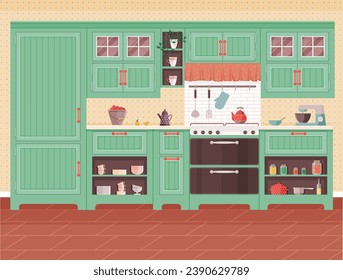 Kitchen vector illustration. Cookware and utensils, well-organized, turn kitchen into culinary masterpiece The kitchen interior reflects personal style, making daily living visual pleasure Culinary