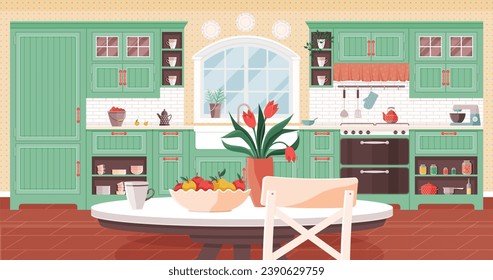 Kitchen vector illustration. Culinary creativity blossoms in kitchen adorned with stylish decor and utensils Equipping kitchen with efficient appliances transforms it into hub activity Clean