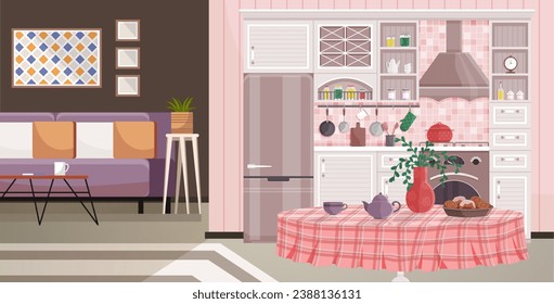 Kitchen vector illustration. Furniture choices in kitchen contribute to visually pleasing environment Cookware and utensils, well-arranged, turn kitchen into haven efficiency The kitchen