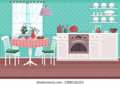 Kitchen vector illustration. Inside kitchen, domestic bliss is found in careful arrangement cookware A decorated kitchen interior transforms act cooking into visual delight Culinary experiences unfold