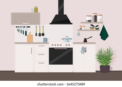 Kitchen vector illustration with kitchenware and utensils. Cozy home scene.