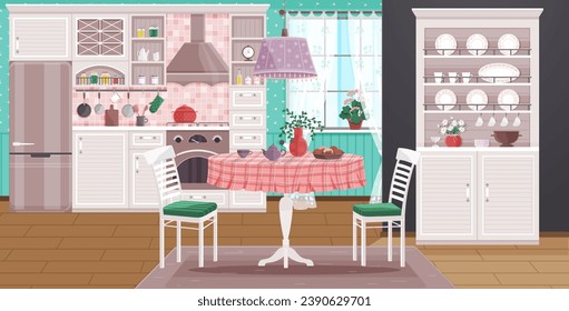 Kitchen vector illustration. Living spaces flourish when kitchen is harmonious blend style and utility Cookware and utensils, well-organized, turn kitchen into culinary masterpiece The kitchen