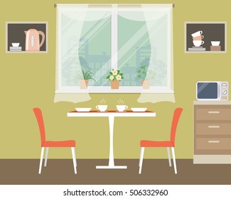 Kitchen vector illustration. There is a table, two orange chairs, shelves, microwave, a window with flowers and other objects in the picture