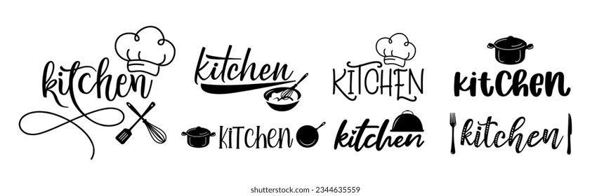 Cocina. Conjunto de logotipos de vectores. Diseño de afiches, volantes, pancartas, café-menú. Texto de cita de caligrafía dibujado a mano. Iconos del logo de la cocina de tipografía. Palabra de la cocina de carteles.