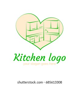Kitchen vector logo template. Illustration of heart with kitchen inside. EPS10. Creative logotype for your company.