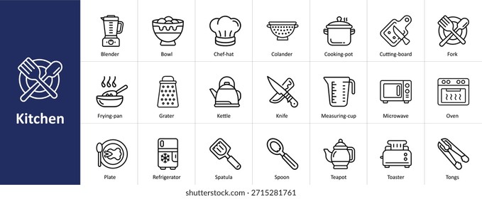 Ícones do contorno do vetor da cozinha definidos para símbolos de utensílios, aparelhos e equipamentos de cozinha