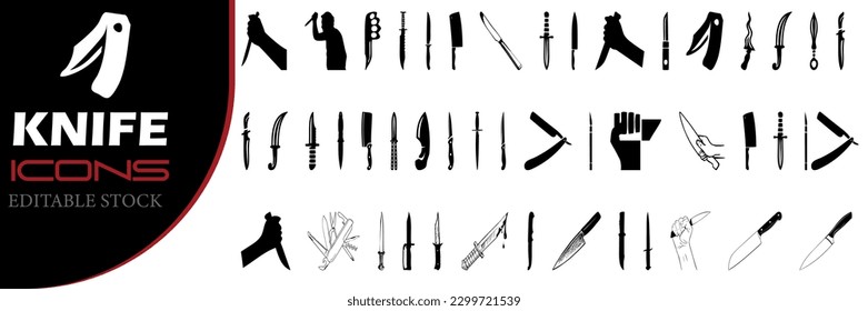 Küchenvektordarstellung eines Messers. Messersilhouetten werden hergestellt. Vektorgrafik des Schattens eines Mördermessers in der Hand, einzeln auf weißem Hintergrund, Zeichnung eines Messers in Vektorgrafik für