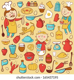 Kitchen vector set, cartoon colorful elements, cook, tools and food