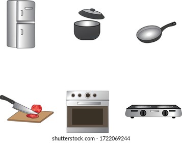 Kitchen Vector Set, refrigerator, pot, pan, knife, stove, oven.