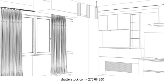 Kitchen vector sketch interior. Illustration created of 3d.