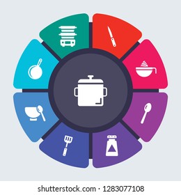 kitchen vector template for infographics. Business concept with 9 options, steps, parts, segments. Banner infographic cycling diagram, round chart, stew pot, steamer, steak knife, Squeezer icons
