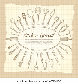 Kitchen vintage background with hand drawn utensil or crockery and decorative frame. Vector illustration