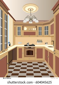 Kitchen vintage, kitchen interior with furniture. Kitchen illustration.