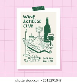 Kitchen Wall art. Invitation for wine and cheese party. Wine tasting concept. Vector illustration