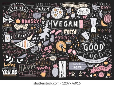 Kitchen Wall Art. Vegan restaurant, cafe, home decor. Menu Elements, food doodle, lettering. Vector Kitchen Art.