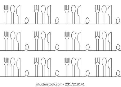 Kitchen wallpaper with One Line spoon, knife and fork. Line art Kitchen Cutlery seamless pattern. Tableclothe print. Vector illustration.