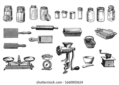 kitchen ware doodle sketch collection set, vintage illustration vectors set, jar, box, hand drawn, shaker, tool, spice